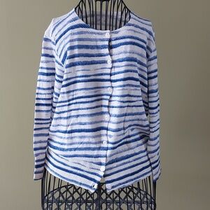 GAP White Knit Cardigan with Subtle Blue Stripes